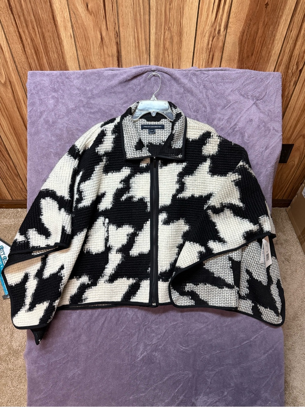 French Connection Black and White Houndstooth Zip-Up Sweater